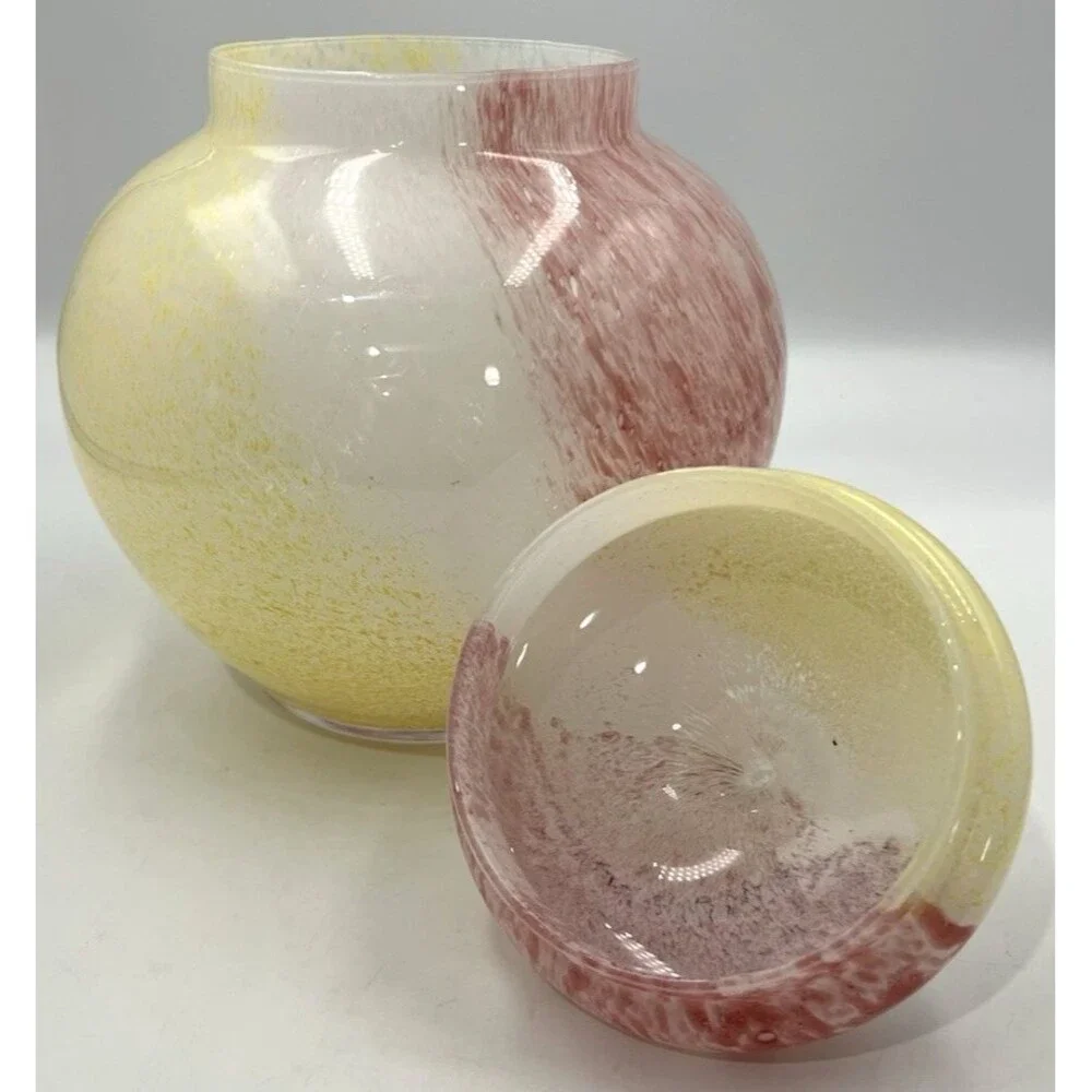 Crystal Clear Apothecary Jar Italy Art Glass Pink Yellow White Swirl 10